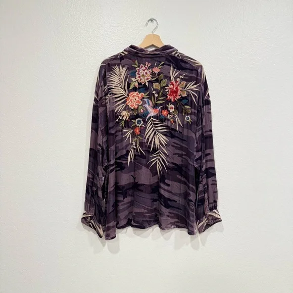 Johnny Was Velvet Purple Camouflage Floral Embroidered Shirt